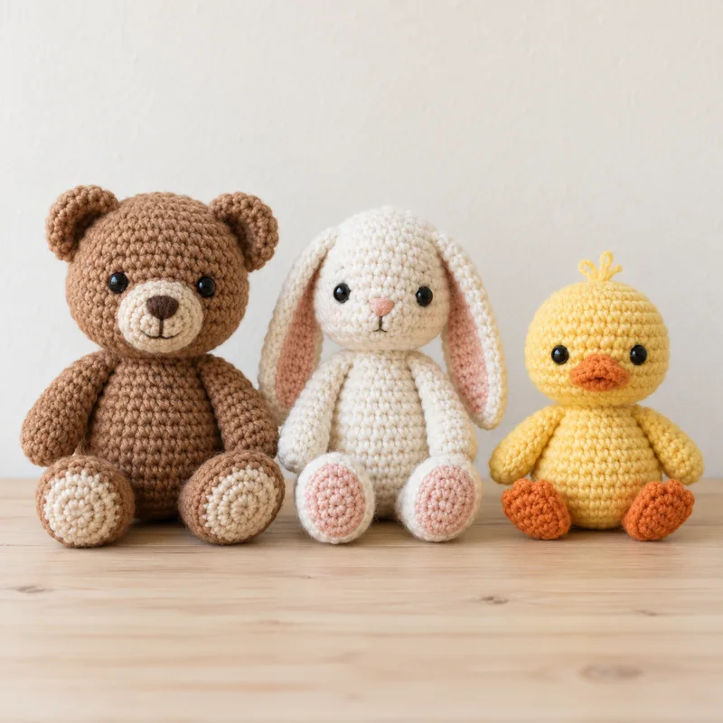Osito, conejito y patito de crochet