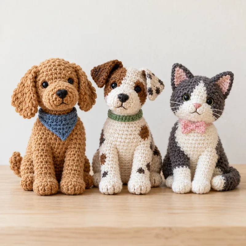 Tres mascotas de crochet con pelajes y accesorios diferentes