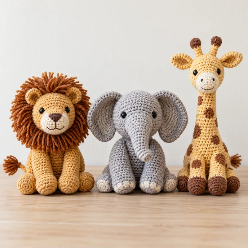 León, elefante y jirafa de crochet