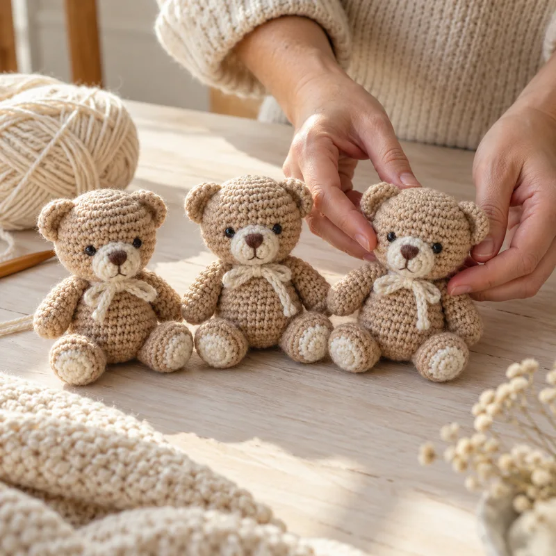 Tres ositos de crochet parecidos sobre una mesa de trabajo